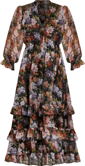 Women's Chiffon 3/4 Sleeve A Line Midi Dress With Ruffles