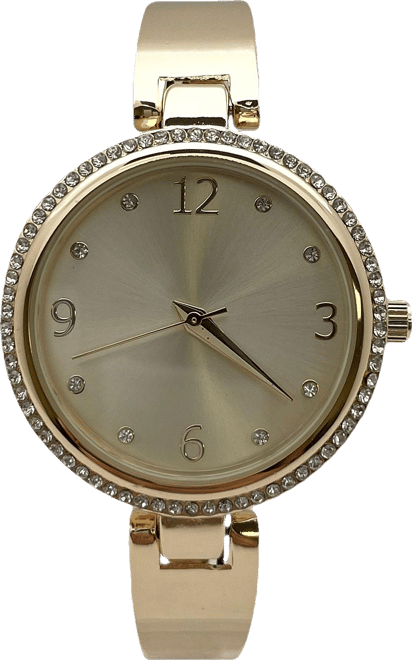 Gold Round Face Rhinestone Bezel Soft Bangle Women Watch