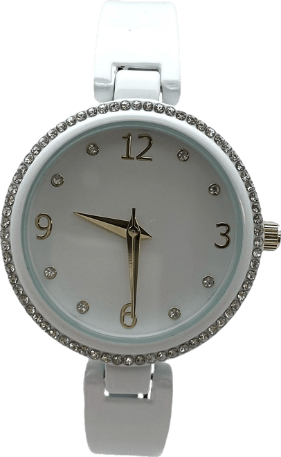 White Round Face Rhinestone Bezel Soft Bangle Women Watch
