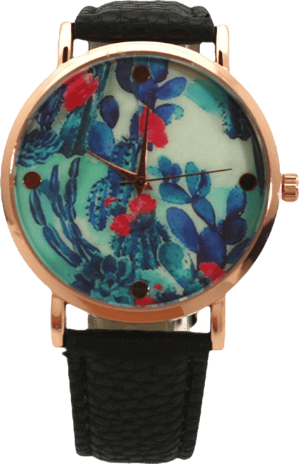 Black Colorful Cactus Dial Leather Strap Watch