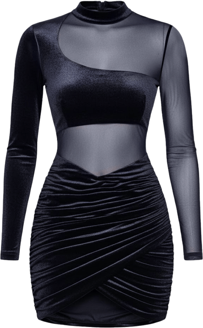 Women's Azalea Black Velvet Mesh Long Sleeve Dress