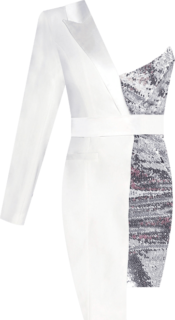 Women's Silver Night White Sequin Crepe Tuxedo Blazer Dress