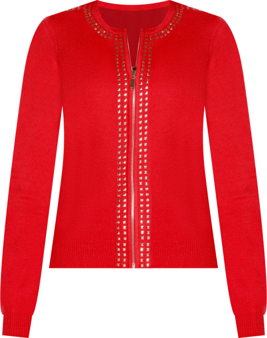 Women's Crewneck Embellished Zip Cardigan Sweater