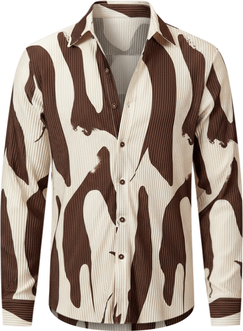 Men's Chocolate Brown & Daisy White Contour-Lines Pleated Shirt