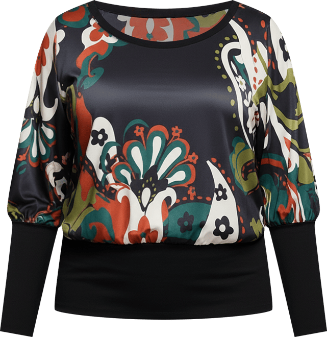 Plus Size Paisley Multicolor Print Dolman Sleeve Banded Top