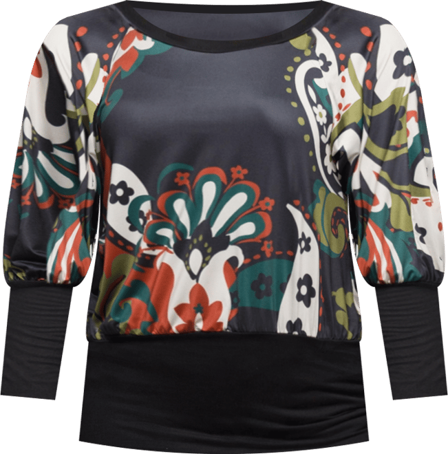 Women's Paisley Multicolor Print Dolman Sleeve Banded Top