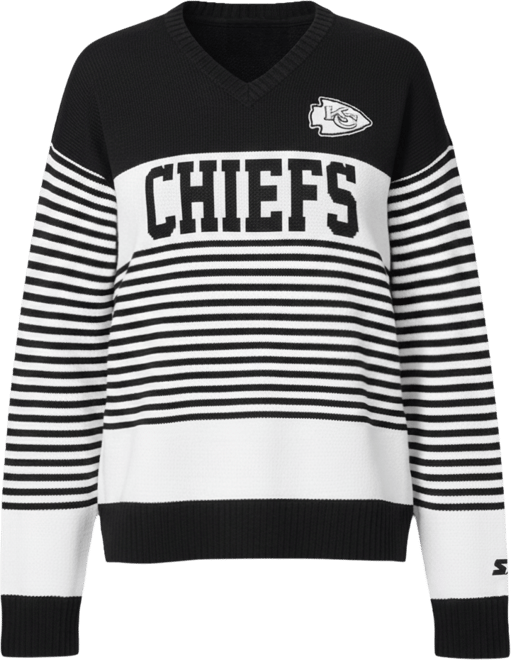 Women's Black Kansas City Chiefs No Huddle Striped V-Neck Sweater