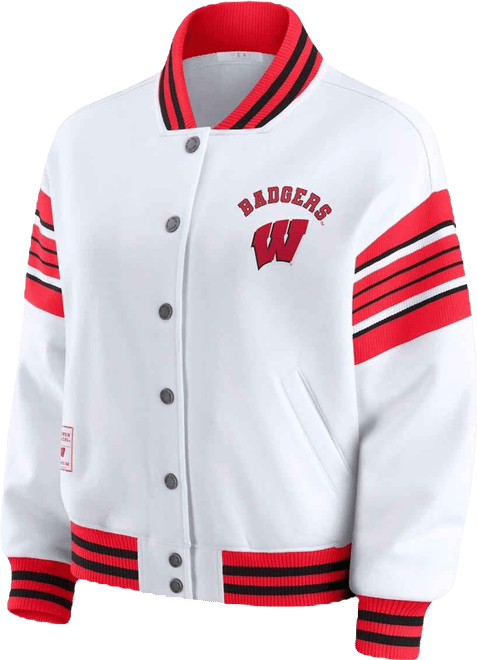 Women's White/Red Wisconsin Badgers Satin Stitch Full-Snap Fleece Sweatshirt Jacket