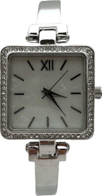 Silver Square Face Thin Rhinestone Bezel Bangle Women Watch