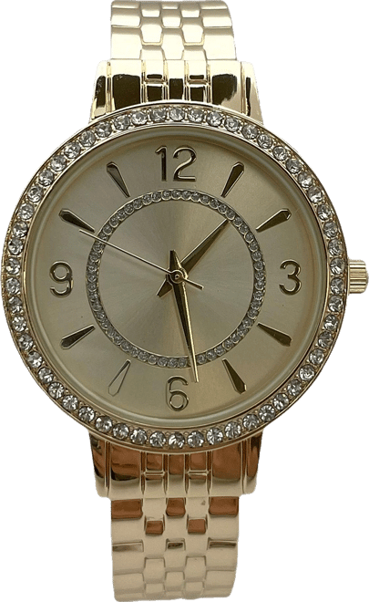 Gold Round Face Rhinestone Bezel Textured Bangle Women Watch