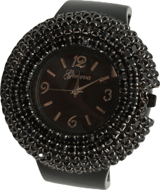Black Sparkle Rhinestones Chunky Bangle Women Watch