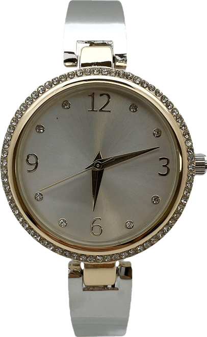 Two Tone Round Face Rhinestone Bezel Soft Bangle Women Watch