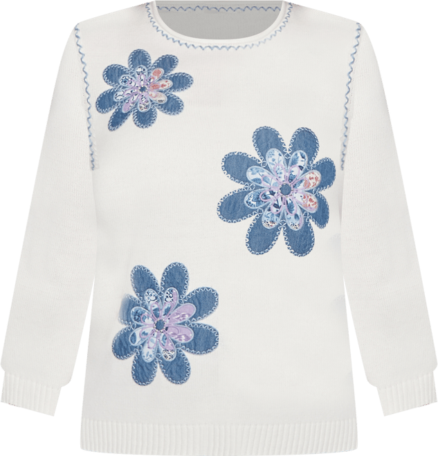 Plus Size Hilton Head Quilted Denim Applique Flower Sweater