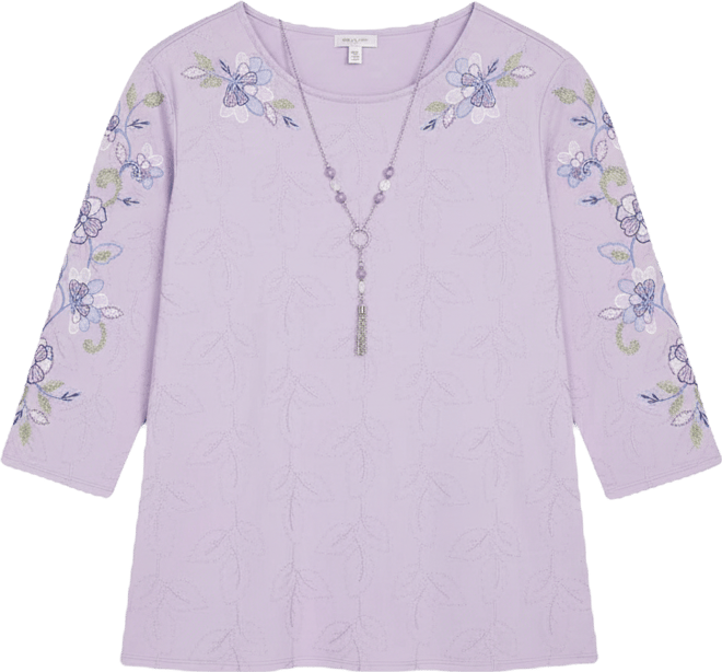 Plus Size Hilton Head Embroidered Sleeve Textured Top with Necklace