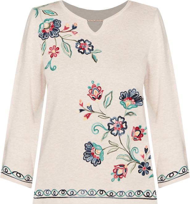 Plus Size Saratoga Springs Embroidered Floral Three-Quarter Sleeve Sweater