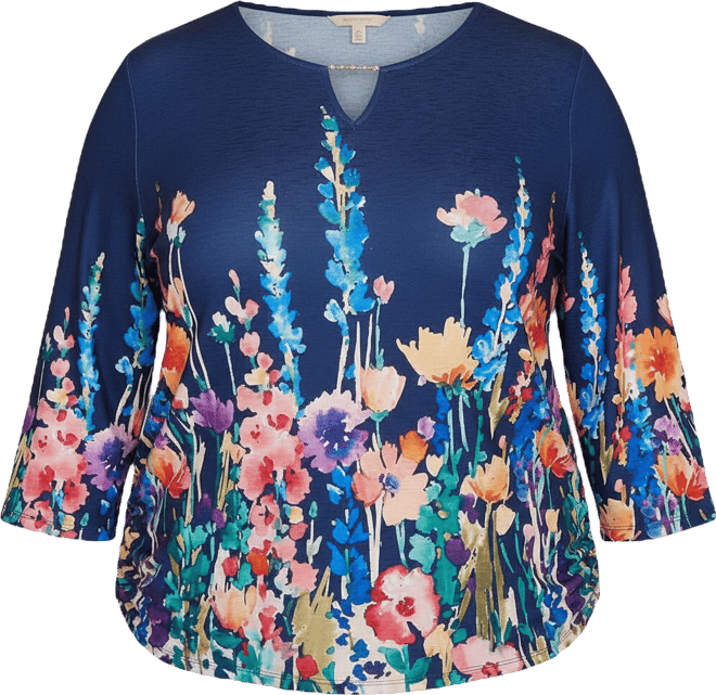 Plus Size Saratoga Springs Vertical Floral Border Knit Top