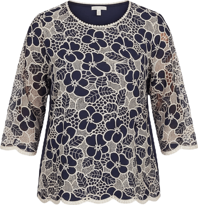 Plus Size Saratoga Springs Floral Lace Trim Soft Knit Top