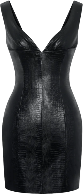 Women's Quilia Black Faux Crocodile Leather Plunge Mini Dress