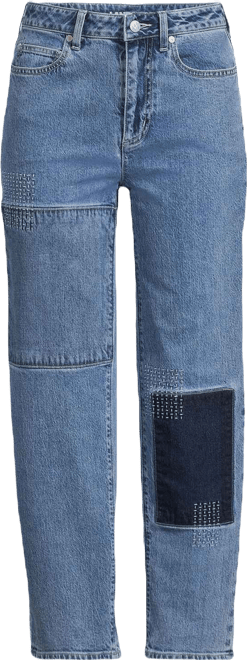 Women's Soft Denim Mid Rise Relaxed Straight Crop Patchwork Jeans