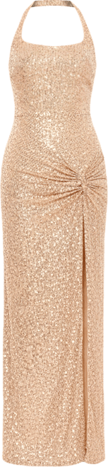Women's Sequined Halter Strap Low Side Knot Gown