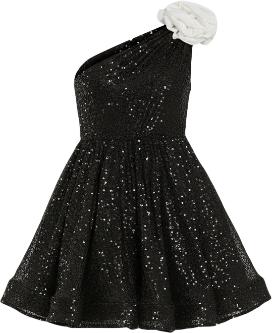 Women's One Shoulder Sequin Mini Dress With 3D Flower