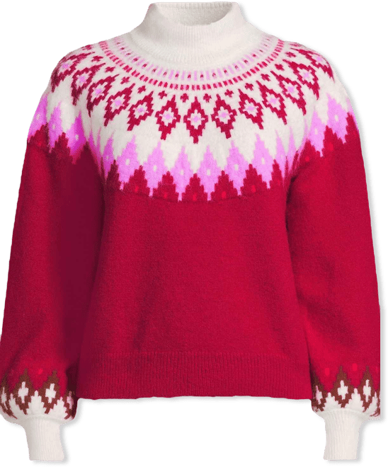 Plus Size Fuzzy Turtleneck Lantern Sleeve Jacquard Sweater