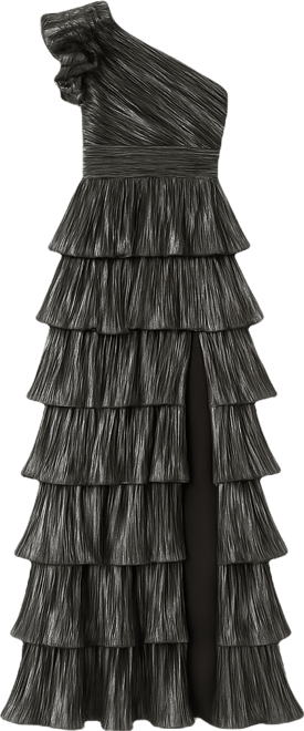 ruffle tiered metallic ruched shoulder dress Plaza Del Caribe