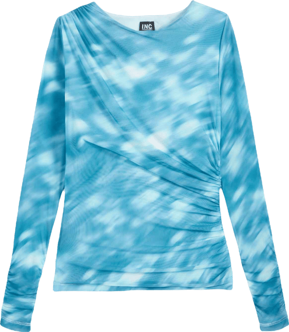 Women's Printed Long-Sleeve Draped Mesh Top