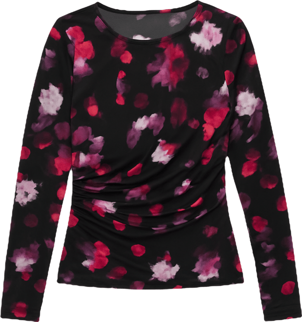 Women's Printed Long-Sleeve Draped Mesh Top