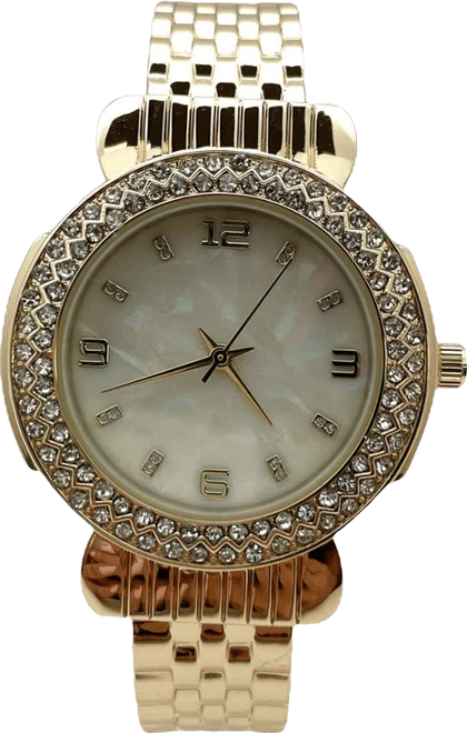 Gold Round Face Rhinestone Bezel Bangle Women Watch