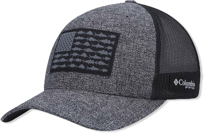 Men's  Heathered Charcoal, Black Pfg Fish Flag Coolmax Trucker Snapback Hat