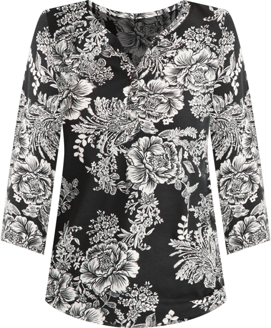 Petite Holiday Floral 3/4-Sleeve Henley Tee, Macy's Exclusive