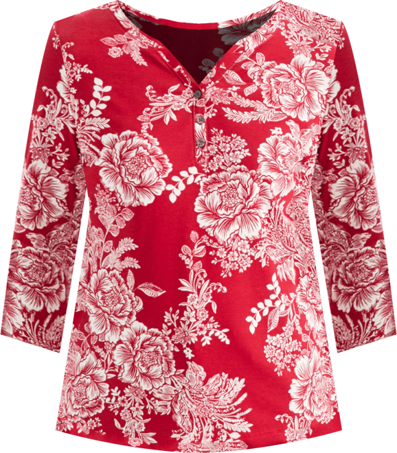 Petite Holiday Floral 3/4-Sleeve Henley Tee, Macy's Exclusive