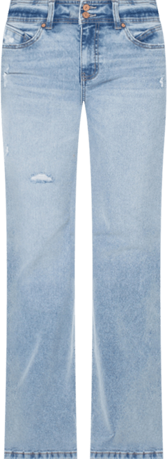 Juniors' Double-Button Distressed Bootcut Jeans