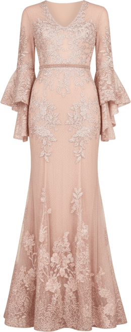 Women's Lace V Neck Long Bell Sleeve Gown
