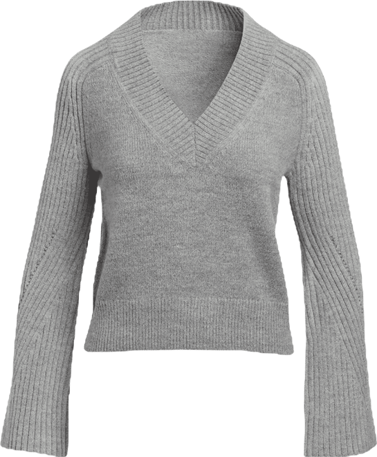 Wide Rib V-Neck Bell Sleeve Sweater - Light Heather Gray | Boston