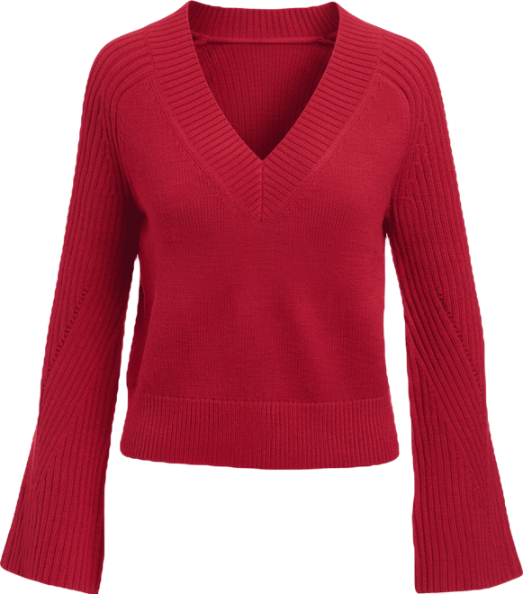 Wide Rib V-Neck Bell Sleeve Sweater Lipstick Red