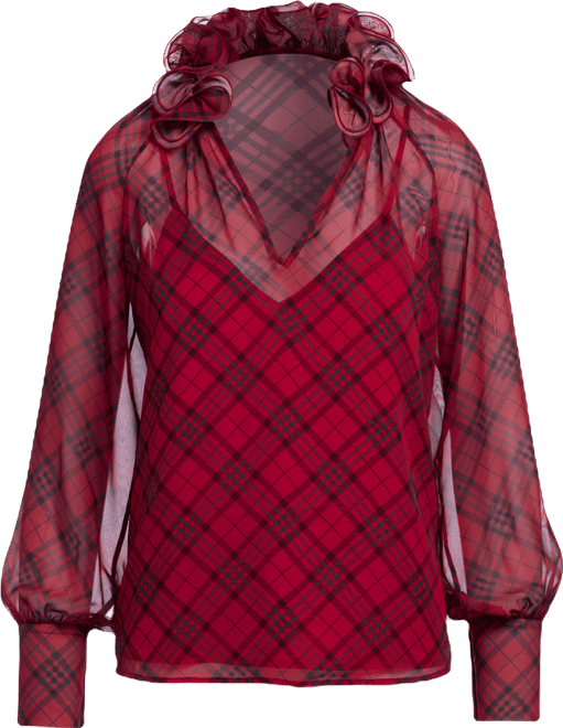 Ruffle Collar Print Blouse Festive Plaid