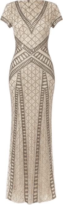 Women's Beaded V-Neckline Dress with Cap Sleeves