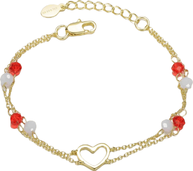 14K Gold-Plated with Red & White Beads Double Chain Open Heart Bracelet