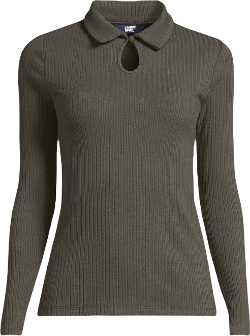 Women's Long Sleeve Pointelle Rib Keyhole Polo Top