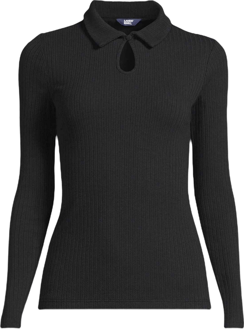 Women's Long Sleeve Pointelle Rib Keyhole Polo Top