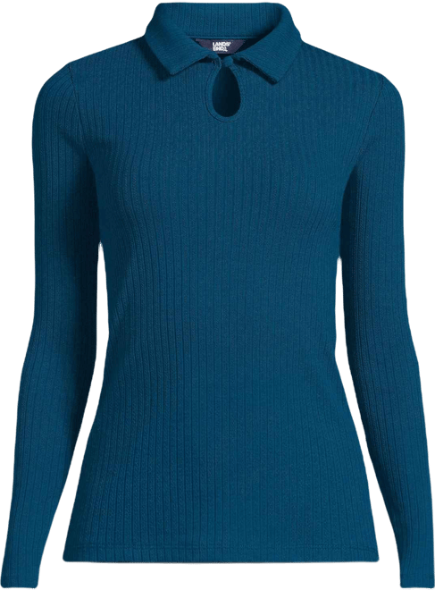 Women's Long Sleeve Pointelle Rib Keyhole Polo Top