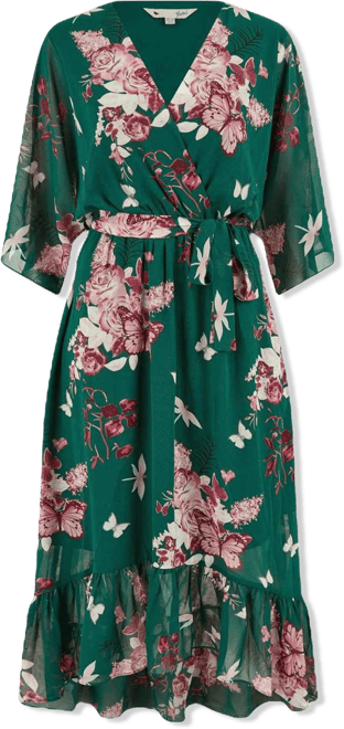 Women's Floral Kimono Dipped Hem Dress