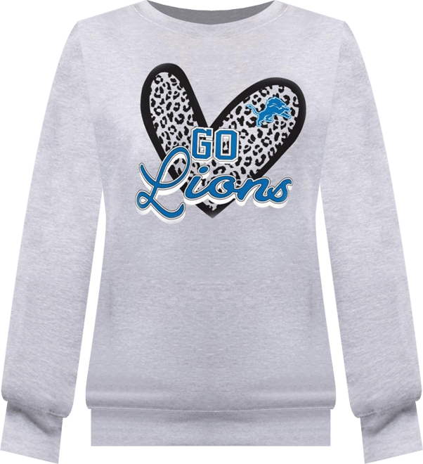 Women's Heather Gray Detroit Lions Leopard Heart Pullover Sweatshirt