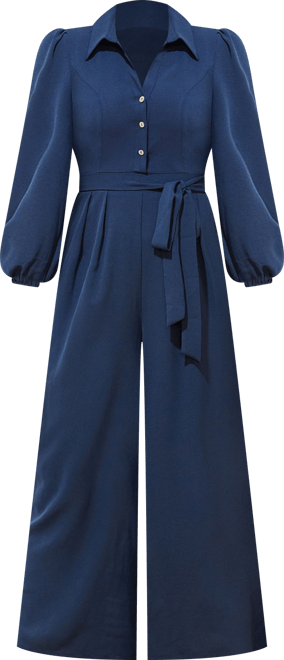 Women's V-Neck Button Front Belted Jumpsuit