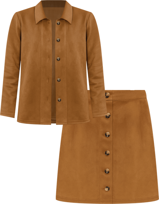 Women's Button Down Suede Matching Skirt Set