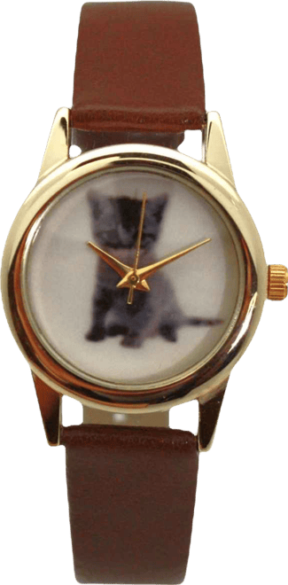 Brown Cat and Dog Face Faux Leather Band Women Watch