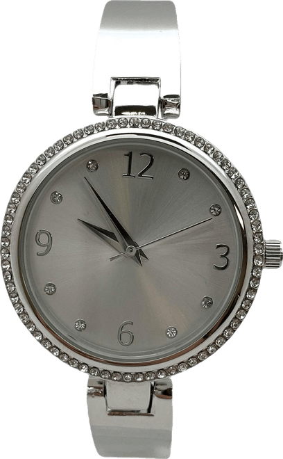 Silver Round Face Rhinestone Bezel Soft Bangle Women Watch