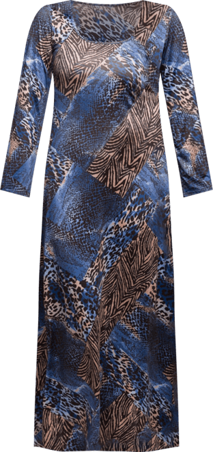 Women's Blue Animal Print Long Sleeve Scoop Neck Maxi Dress